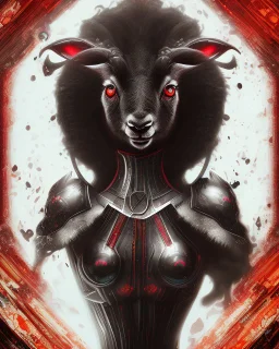 Comic book art style black lamb with red eyes, contrasting green meadow, cartoonist, digital portrait, dark fantasy, black iridescent skin, holographic, shiny, PVC texture, wet look, anime, gothic