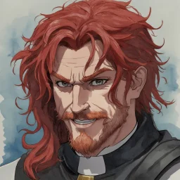 dnd, fantasy, watercolour, portrait, illustration, male, face, determined, happy, priest, red hair, very long hair, radiating light, very light stubble