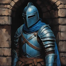 1970's dark fantasy book cover paper art dungeons and dragons realistic style dark illustration of a weathered knight with weathered armor and blue tattered cloth in a dark dungeon