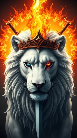 A powerful white lion with one blue eye and one red eye and a crown of fire on its head in the center of the image with a blazing sun and sword behind its head.