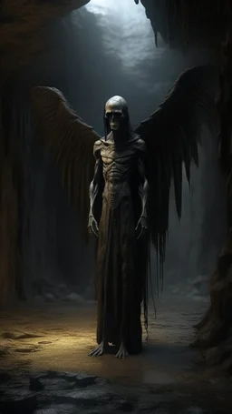 A tall and very skinny hooded Angel with wings , thick layer of dark brown corrosion , standing in front of a dark cave, Bosch painting style , of a nightmare , hyper photorealistic, hyper detailed dark , high resolution, fog, octane render, tilt shift, 8k ,