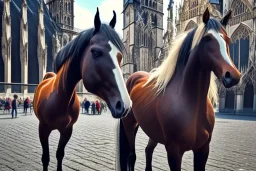 Zwei Pferde vor dem Stephansdom. Style Wiener Werkstätte