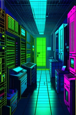 Data recovery software and hardware server room cyberpunk, rappresent all with baizer lines, and made it like toon colorized vivid