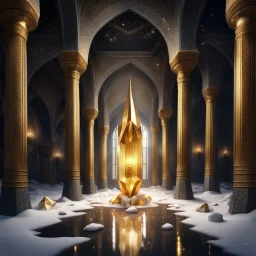 Hyper Realistic Big golden Crystals on snow Inside a Dark Abandoned Mosque with beautifully crafted pillars at dark night