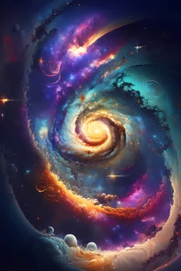 A stunning celestial scene, featuring a radiant, spiraling galaxy with vibrant, swirling colors, surrounded by a dazzling array of stars and other celestial bodies.