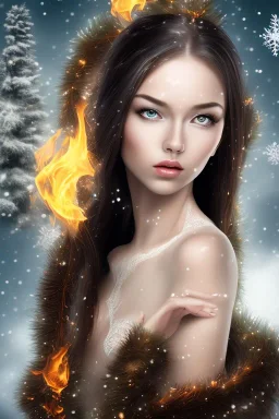 portrait young lady with big bobs black hairs Christmas in the snow and fire