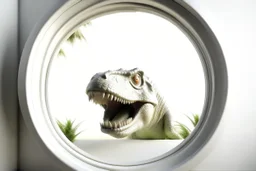 white,background,looking,through,a 3-d, hole,or,window,,a,seeing a dinosaur