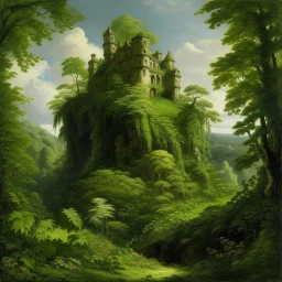 A green castle covered in leafy foliage painted by Gustave Courbet