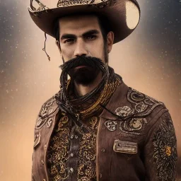 Insanely detailed photograph of an “portrait of a cowboy ” with intricate Sombrero, intricate embroidered charo, mustachioed clear face and hyperdetailed painting by Ismail Inceoglu Huang Guangjian and Dan Witz CGSociety ZBrush Central fantasy art album cover art,8K, hdr, romantic, mysterious, ominous, cigar smoke, jewelry, comfort, natural eyes,naked,tasteful