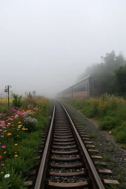 a train tracks in it a lot of colorful wild flowers , a train shows is coming forward , foggy, cloudy gray sky, and thunders , a side view of a dear legs stocked and it can not move