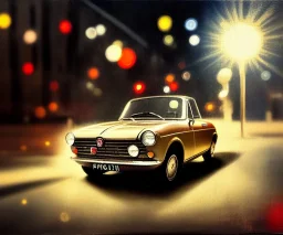 fiat 125p, city. high speed. bokeh. lens flare. warm lights. high detailed. oil on canvas