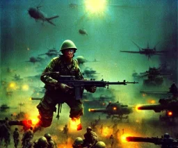 vietnam war. war. napalm. bokeh. lens flare. warm lights. high detailed. beksinski