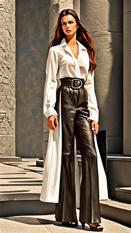 Full body athletic Ukraine female with black wide leg pants, white blouse, face made of a Greek sculpture , long hair, holding a trench cleaver, flat leather pouch on belt, thick heeled shoes