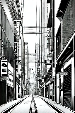 Tokyo alley, line arts, greyscale