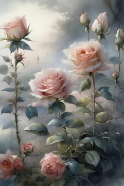 English watercolor, tea roses, drawing, beautiful landscape, fog, many details, delicate sensuality, realistic, high quality, work of art, hyperdetalization, professionally, filigree, silver haze, hyperrealism, professionally, transparent, gently pastel tones, backlight, contrast, fantastic, fabulous, unreal, translucent, glowing, clear lines, epic fabulous, 30mm lens, ISO 100, pixel graphics