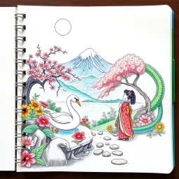 rich color pencil hand doodle sketch on a spiral binder notebook page, Japanese garden with a swan and cherry tree and Geisha, mount Fiji in the distance, green dragon, in the style of Don Hertzfeldt and David Welker, incredible busy doodle world