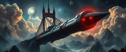 dark draw bridge space station holding huge round blade space ship, portrait of inter-galatic handsome power broker , the first nation, witchcraft, cyberpunk village, sci-fi, strange chrome vessels, volume light from stars through clouds, goa trance poster