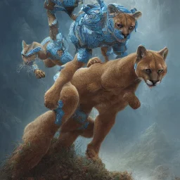 cougar in blue and white battle armor, a highly detailed illustration, background of Inka jungle, realistic render, 8 k, micro detail, intricate, elegant, centered, digital painting, Artstation, smooth, sharp focus, illustration, artgerm, tomasz alen kopera, peter mohrbacher, donato giancola, joseph christian leyendecker, wlop, boris vallejo