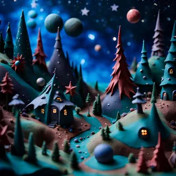 Detailed creepy landscape made of modeling clay, village, stars and planets, Roger Dean, naïve, Tim Burton, strong texture, Ernst Haekel, extreme detail, Max Ernst, decal, rich moody colors, sparkles, Yves Tanguy, bokeh, odd