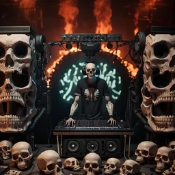 DJ of the damnded, insanely detailed DJ booth in hell, MID set, speakers and equipment made of bone, anatomically correct, add more skulls in th audience, photorealism, vray, 8k 3d