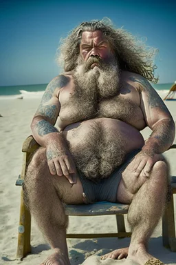 half-lenght Photography of turkish serious ugly dirty stocky muscular chubby 51 years old in swimwear, long beard, curly hair, tattoo, relaxed sitting on an a beach chair at the beach, crossed arms, open big manly legs, manly chest, photorealistic, angry eyes, sunshine, ambient occlusion, misery and poverty, desperation, redneck, highly detailed, frontal ground view , trending on artstation, sharp focus, studio photo, intricate details, highly detailed, by greg rutkowski