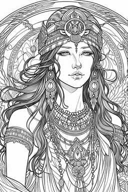 Portrait of Egyptian goddess in turban and long black hair and loads of jewellery painted by brush in style of Alfons Mucha for coloring