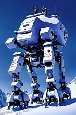 a sleek mechanical walker with eight legs scaling a very steep snow covered side of mout everest at night, it has a smooth surface, it has storage pods on its belly and humans can fit in the pods