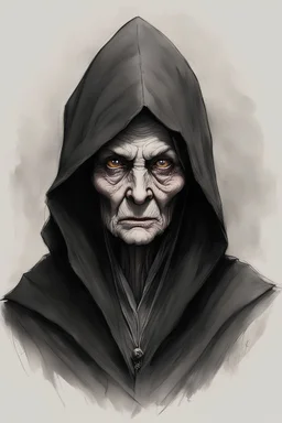 a monstrous black-robed old hooded woman, small, divergent eyes, sketchdrawing by Keith Thompson