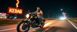 The kebab man driving fast on his motorcycle, fire from the exhaust, widescreen picture, empty road on the country at night, comic style, no helmet and he have a long beard, neon kebab signs along the road
