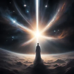 En la oscuridad del espacio, un punto de luz irradia un resplandor etéreo, simbolizando el origen de toda la creación. A su alrededor múltiples formas de vida que emergen de este misterioso origen.