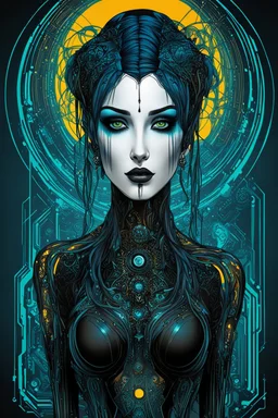 Create a wild, imaginative, full body, cybernetics enhanced goth girl with highly detailed facial features, in the vector graphic style of Nirak1,Christopher Lee, and Cristiano Siqueira, vibrant colors, sharply defined, 2d vector