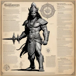 character concept sheet with AD&D statistics and characteristics, [high res photo by Ray Harryhausen for Mahābhārata module B3] a character of Pāṇḍavas class of King: Sahadeva — Son of the Aśvins (Twin Gods of Healing and Intuition) Epithets: Ashvineya, Madreya Qualities: Wise, analytical, and introspective — the most intellectual of the five. Skilled in astrology and prophecy. Known for his quiet devotion and foresight; he knows much but keeps silent unless duty demands. Symbolic trait: The pow