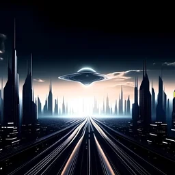 dark futuristic city. roads in the sky. spacecraft in the distance