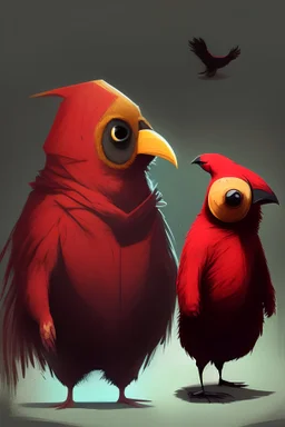 Two animals, one is a guinea pig the other one a bird with a red chest, in the art style of little nightmares very cursed