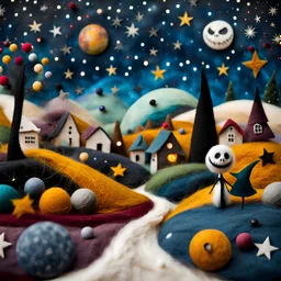 Folk art photograph, Nightmare before Christmas made of felt, naïve, stars and planets, village, Max Ernst, neutral natural colors, mixed media, bokeh