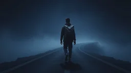 A solitary androgynous figure seen from behind, carrying an oversized heavy backpack, walking alone along a long winding road suspended in a vast dark sky. Surreal abstract dreamscape, the road curving into endless darkness, subtle mist and distant blurred figures moving ahead, atmosphere of change, uncertainty and emotional weight, but not hopeless. Dark blue, charcoal and muted purple tones, poetic digital art, etheral, atmospheric