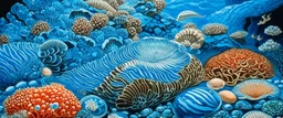 A cerulean underwater coral reef with clams designed in German folk art painted by Katsushika Hokusai