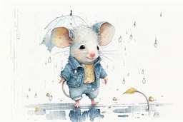 watercolor painting, Jean-Baptiste Monge style, Cute adorable baby white mouse in jeans clothes walking in the rain in Autumn, splash art