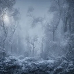 lost in the woods, winter landscape, ice field, crystals, surreal, dreamlike, foggy