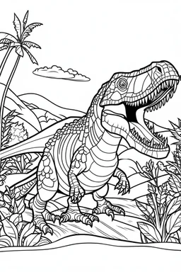 create a coloring page Illustrate a young adult T-Rex engaging in a territorial display, roaring loudly and displaying its dominance to rival dinosaurs. Kids can color the scene to show the vibrant colors and ink drawing clipart, simple line illustrations, colored