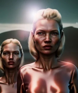 Ultra Realistic retro sci-fi movie scene, waist up view portrait, 5 clones blonde women, sweet young Kate moss face, perfect iris, glow eyes, face makeup. Mars and martians background, Retro sci-fi style, helmet, tight latex coat, fog, rain, soft color, highly detailed, unreal engine 5, ray tracing, RTX, lumen lighting, ultra detail, volumetric lighting, 3d, finely drawn, high definition, high resolution.