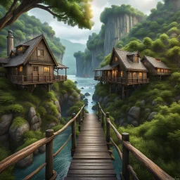 visible view from the side one old stunning wooden bridge connects the two gorge between two tall rocky shores, sprawling, tall dark trees on both shores, in the distance in the background little village made wooden houses on the rock,, rainy landscape, lush vegetation , tall thick alien trees, massive trees in landscape, high detailed, rainy day, high photorealistic, fantasy cinematic