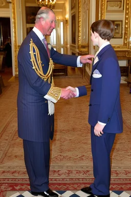 The Prince of Wales in traditional dress shakes hands with a young guest dressed in a blue suit, drawing room of St James's Palace, during a reception