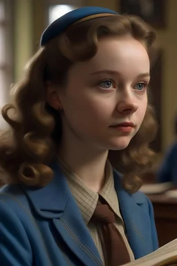 genera una imagen realista de una joven mujer en los años 80 del siglo XX. Este personaje estudia Derecho en la Universidad pero lo mantiene en secreto de su familia. Agrega detalles que demuestren el misterio de su historia y el peligro de sus aventuras. Su familia pertenece a la clase alta y es muy conservadora, demuestra estas características en su vestimenta. Utiliza un estilo realista. En el fondo muestra a los estudiantes de la Universidad de Derecho estudiando.