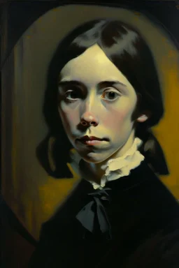 Young Emily Dickinson portraiture by Wolfgang Alt, oil on canvas, Fine Art, Abstract, Conceptual, Figurative, Dark color palette, high quality,