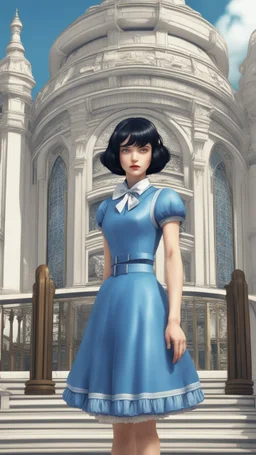 Yong Elizabeth with short black hair and blue eyes and blue and white dress in 8k anime cgi artstyle, bioshock them full body, intricate details, highly detailed, high details, detailed portrait, masterpiece,ultra detailed, ultra quality