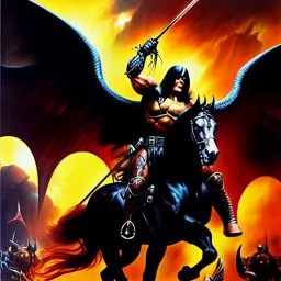 portrait oil on canvas, Death Dealer riding black horse ,comic book cover, mystical colors,insanely detailed,realistic,intrincate detail, 16k resolution, masterpiece,Frank Frazetta,Alex Horley, Simon Bisley,Oscar chichoni