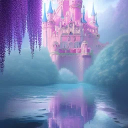 a pink castle, magical crystal pink castel, vertical light, pink and blue wisteria , pink vertical, blue lake,sharp, background vertical blue gradient vertical, elegant, highly detailed, artstation, concept art, smooth, sharp focus, illustration, 8k, splash art, wallpaper, key visual