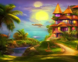 mystical house on a hot tropical island, fantasy art,