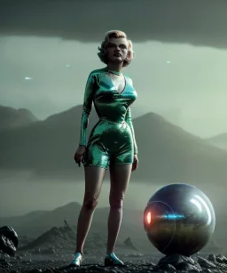 Ultra Realistic retro sci-fi 1960 scene, waist up view portrait, blonde woman, sweet young Marilyn Monroe face, perfect iris, tight latex coat, alien planet background, tight style, steel sphere dron levitating, fog, rain, soft color, highly detailed, unreal engine 5, ray tracing, RTX, lumen lighting, ultra detail, volumetric lighting, 3d, finely drawn, high definition, high resolution.